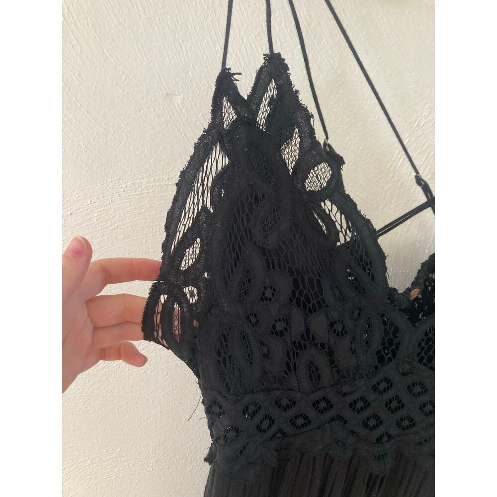 Free People Adella Maxi Slip Dress Black Lace Boho Tiered Crochet Lace L - Picture 7 of 12